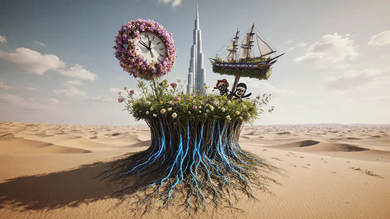 A desert transforming into a floral wonderland with giant flower sculptures rising from the sand.