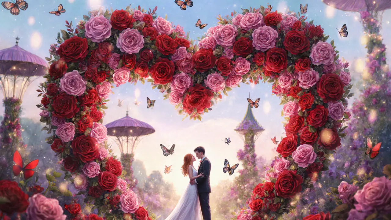 A heart-shaped arch covered in roses with couples and butterflies, illuminated by soft evening lights.