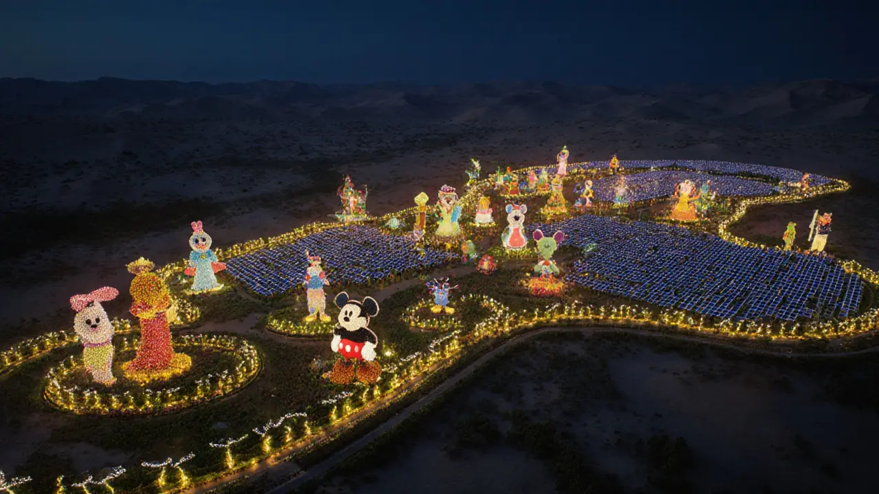 A nighttime aerial view of a glowing floral garden surrounded by solar panels against a dark desert.
