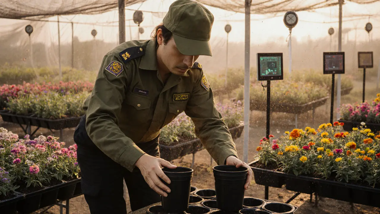A worker replacing plastic pots with biodegradable ones among trays of exotic flowers in a nursery.
