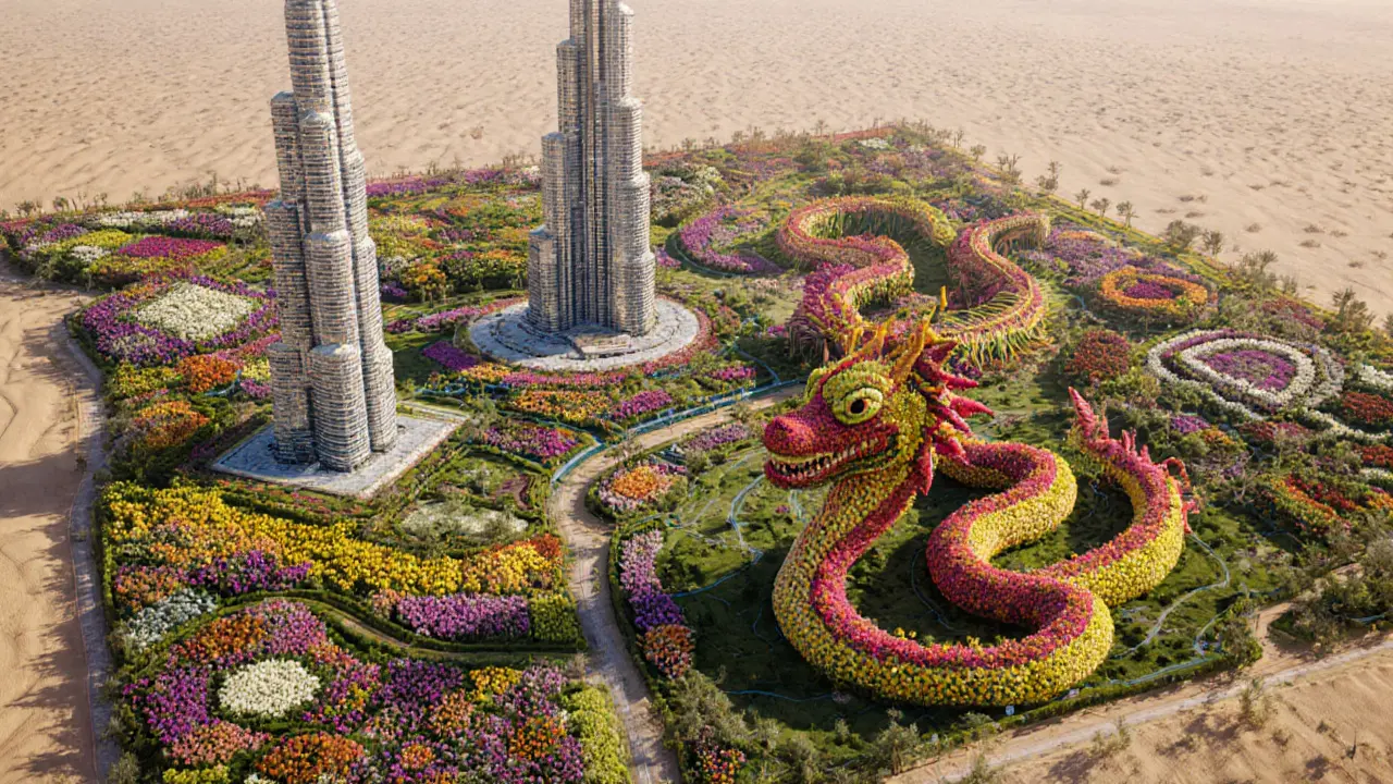 Aerial view of Dubai Miracle Garden with floral replicas of landmarks and a dragon, blooming vividly against desert sands.