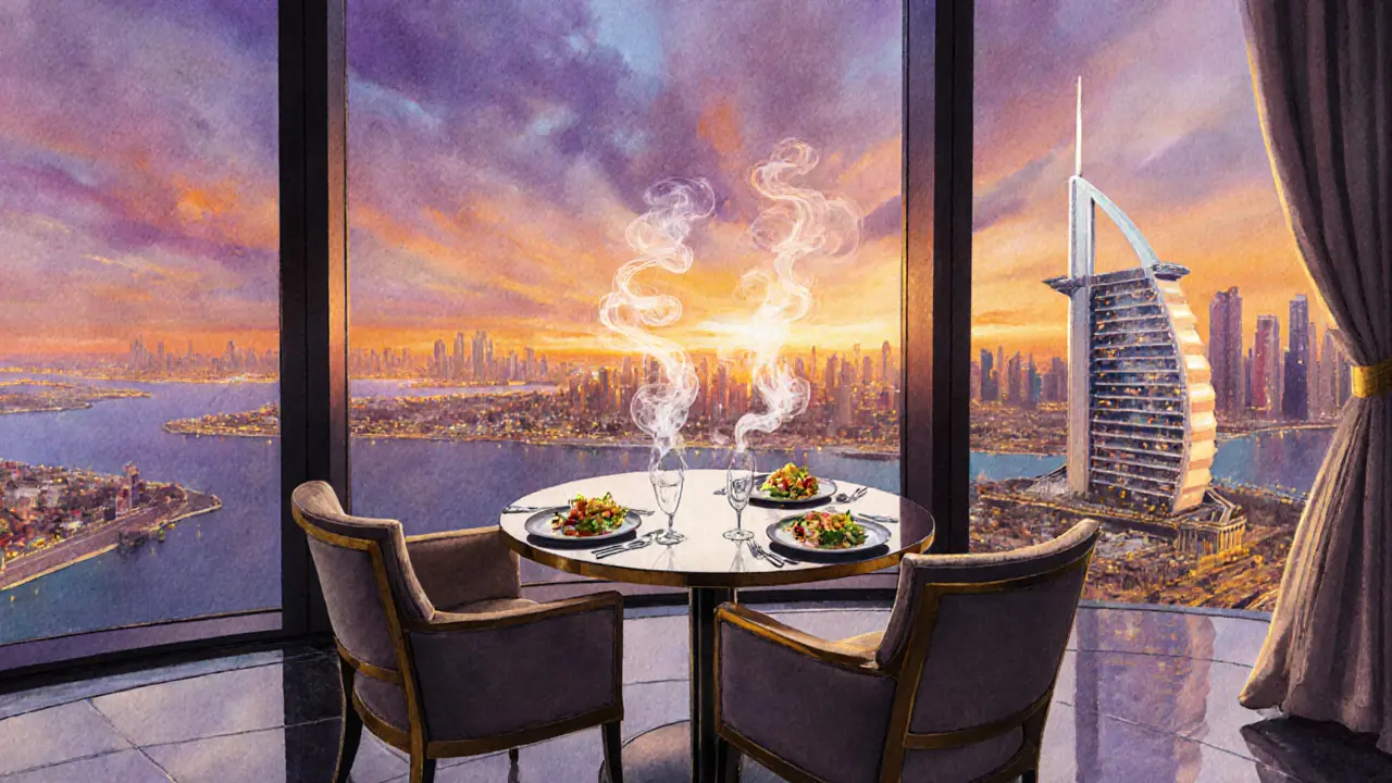 Al Muntaha restaurant table with gourmet dishes and panoramic sunset view of Dubai skyline.