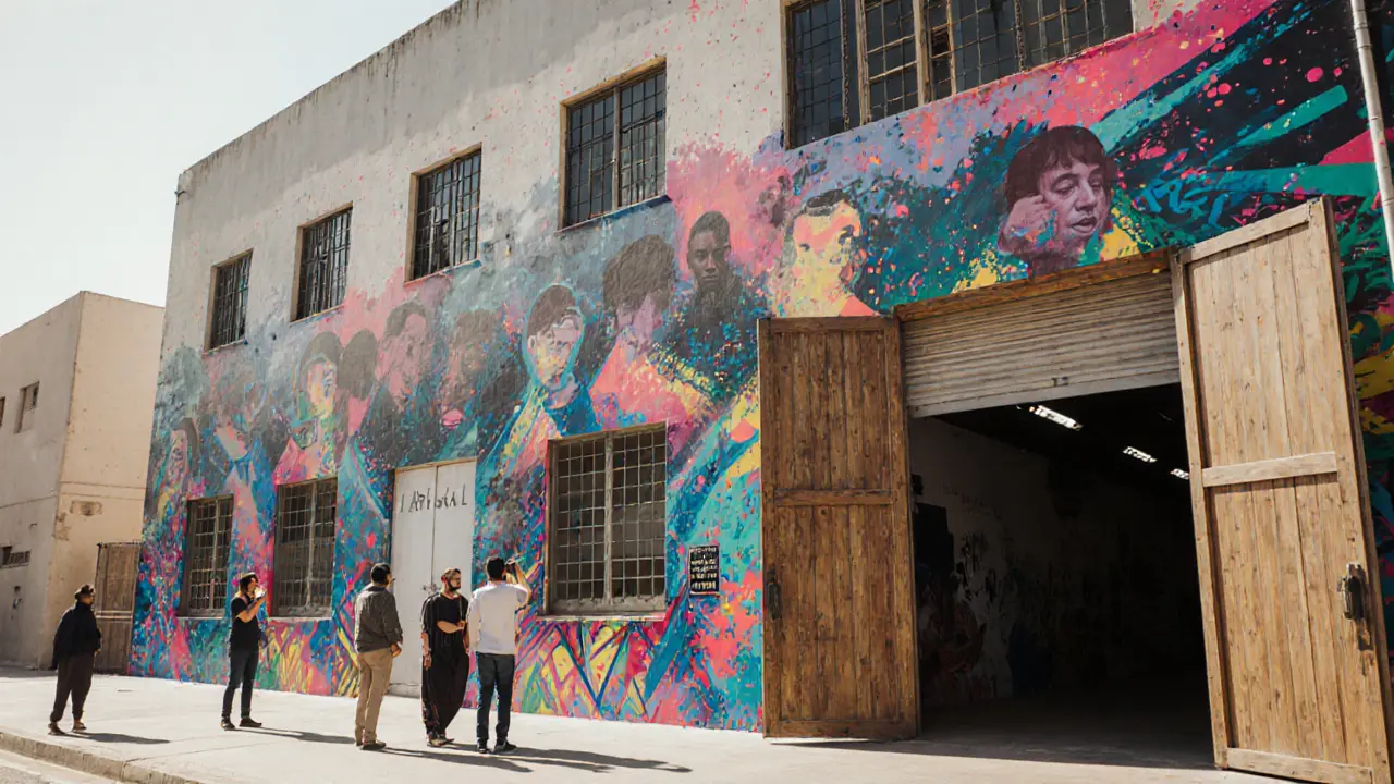 Alserkal Avenue wall covered in bright mural with people admiring street art.