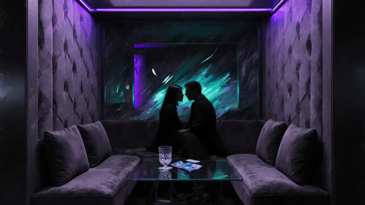 Artistic view of a private lounge cabin with a discreet couple in a dim neon glow.