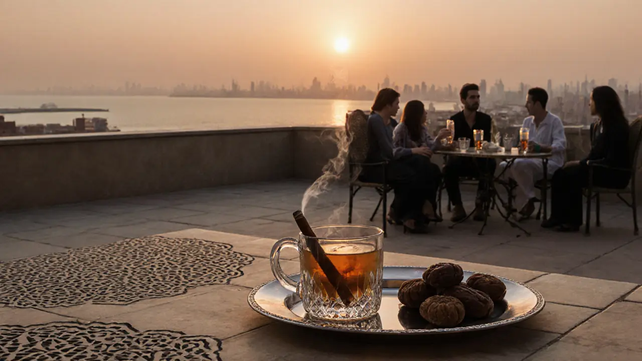 At sunrise, guests relax on BASE Dubai's rooftop with mint tea and cigars as the city awakens quietly.
