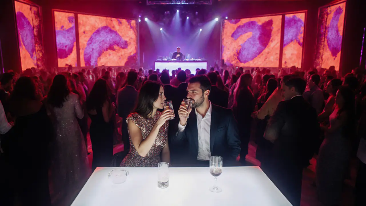 Companion and client enjoying drinks at a vibrant Dubai nightclub table.