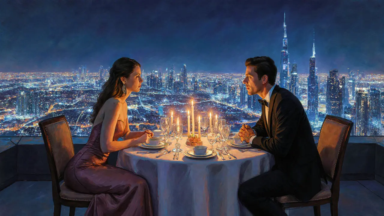 Couple dining at an upscale rooftop restaurant overlooking Dubai’s night skyline.