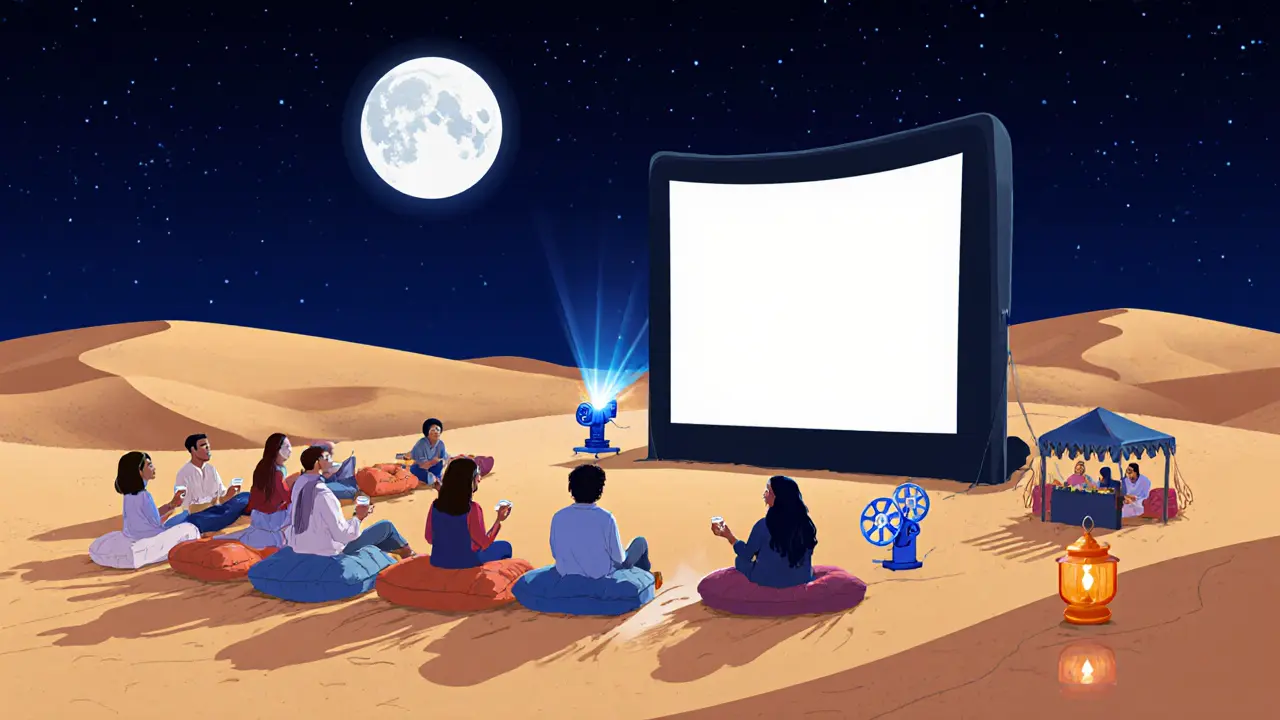 Desert cinema under a full moon with cushions, shawarma stall, and a screen in the dunes.