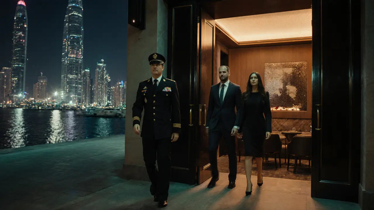 Discreet meeting at a boutique hotel lounge in Dubai Marina with security guard.