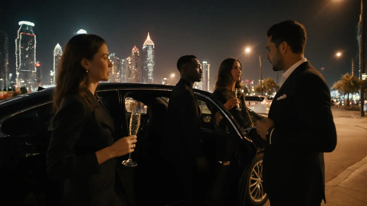 Elegant guests escorted by a driver after a VIP night, Dubai lights behind.