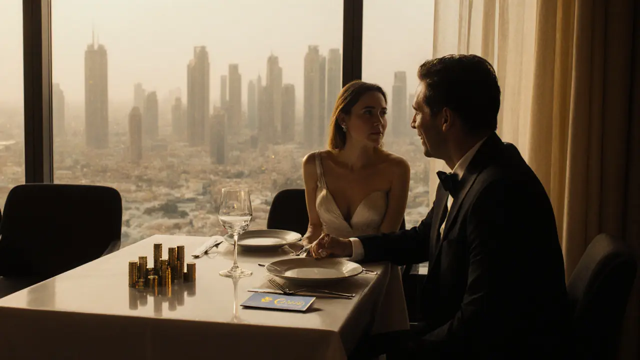 Elegant restaurant table with two figures, Euro coins, and a credit‑card‑like object.