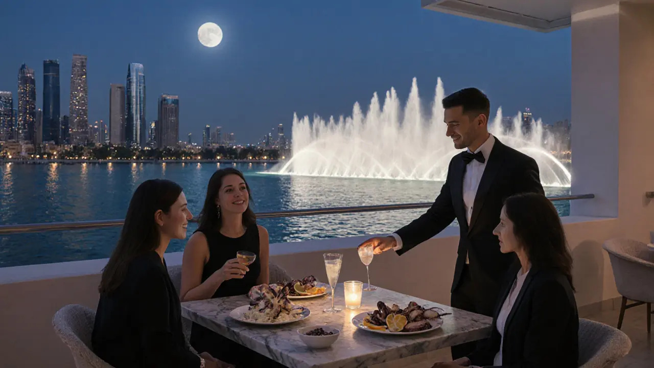 Elegant terrace at dusk with food, drinks, and the Dubai Fountain glowing across the water.