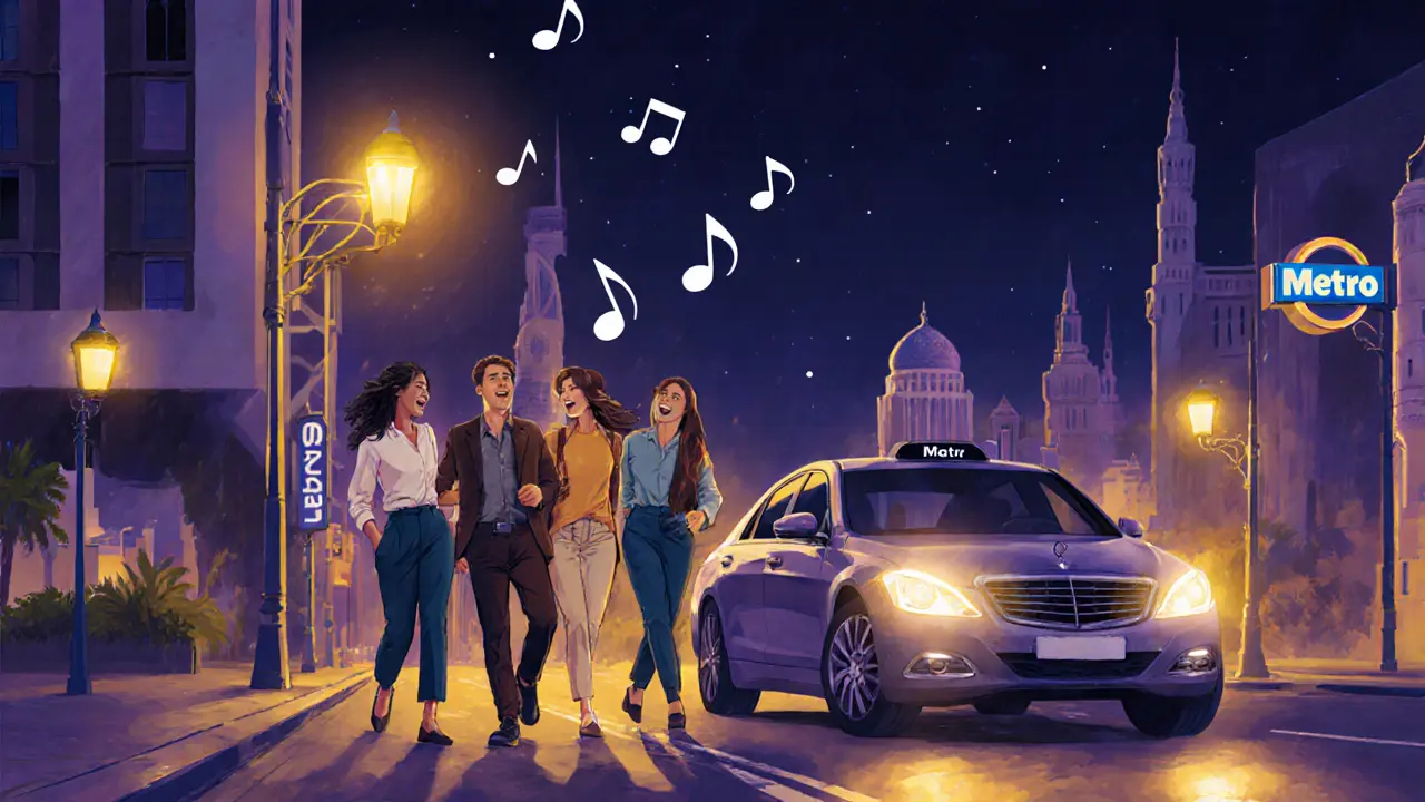 Friends leaving a nightclub with rideshare, metro sign, and night lights.