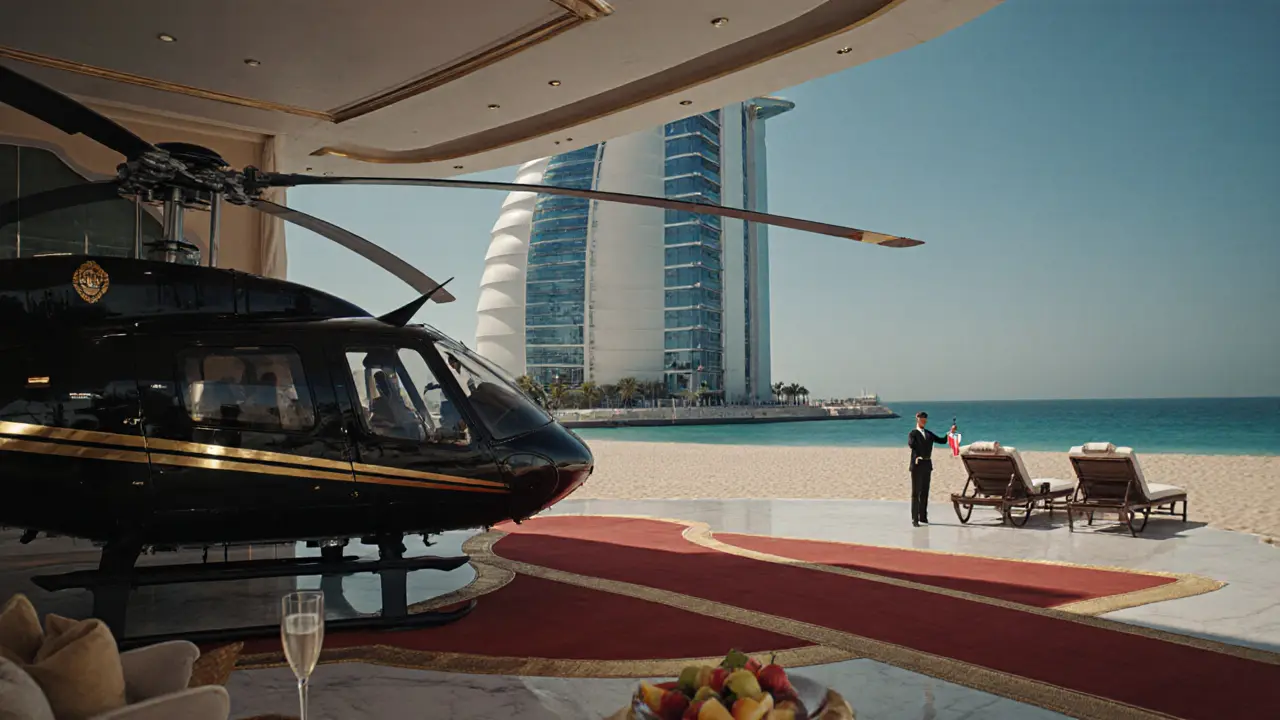 Helicopter landing on the hotel helipad with red carpet, champagne toast, and a butler‑served private beach scene.