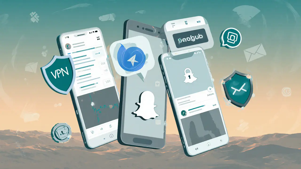 Illustration of smartphone screens showing social apps and privacy icons in muted teal tones.