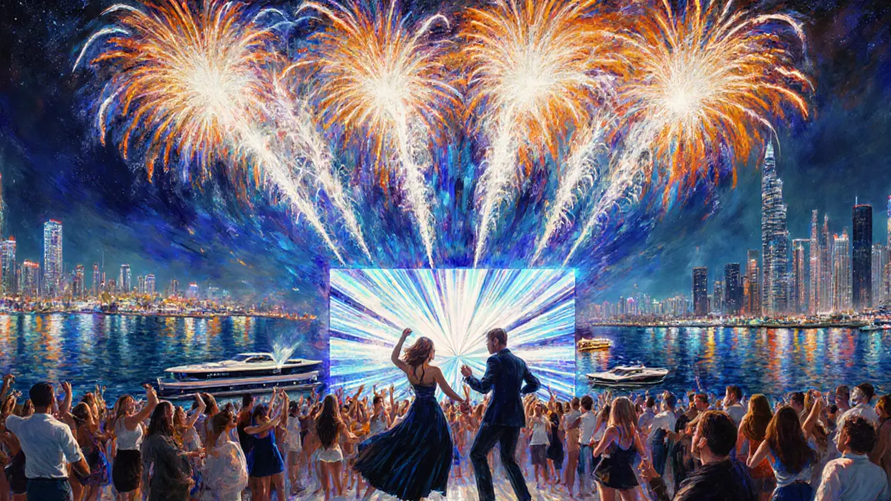 Impressionistic New Year's Eve scene with fireworks, dancing guests, and Dubai Marina reflections.