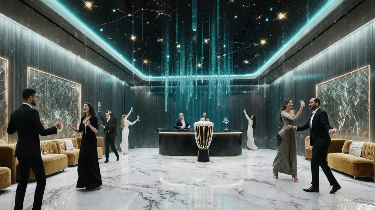 Inside BASE Dubai, LED constellations shift above marble floors as guests dance to Middle Eastern beats.