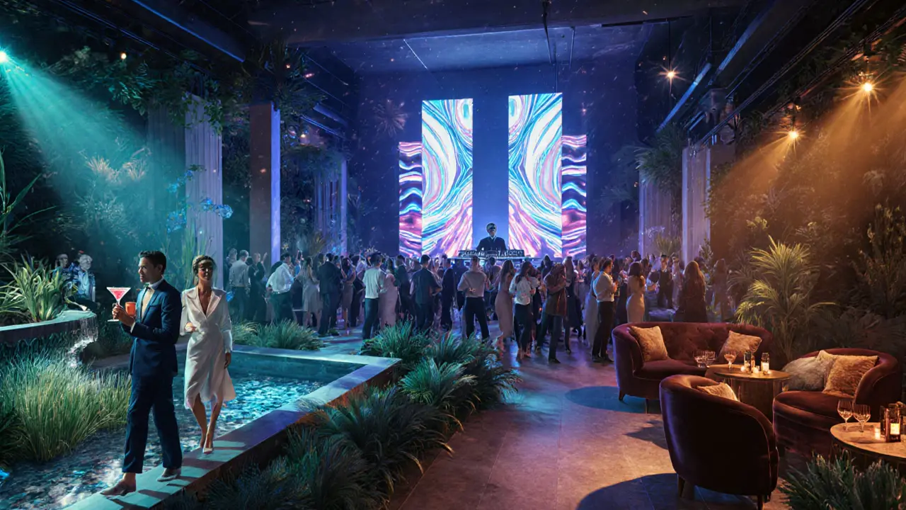 Interior view showing garden terrace, main club hall with DJ, and VIP lounge.