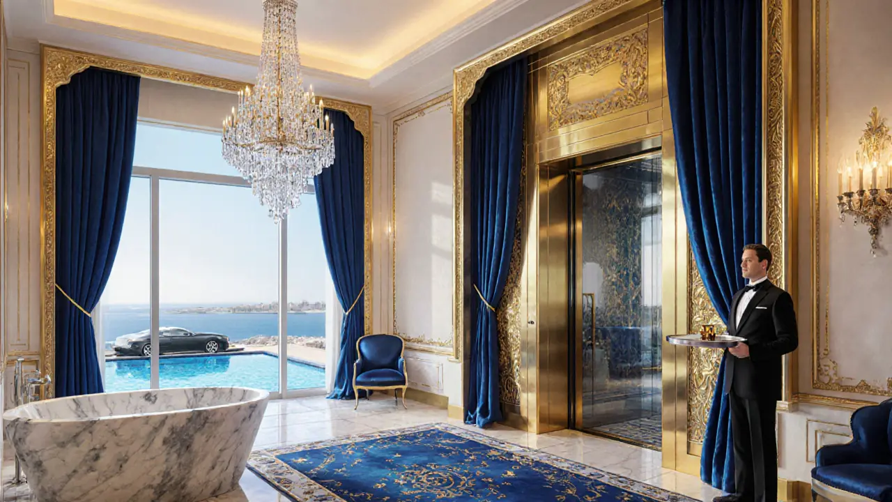 Luxurious Royal Suite interior with gold-lined elevator, silk drapes, and a private pool overlooking the sea.