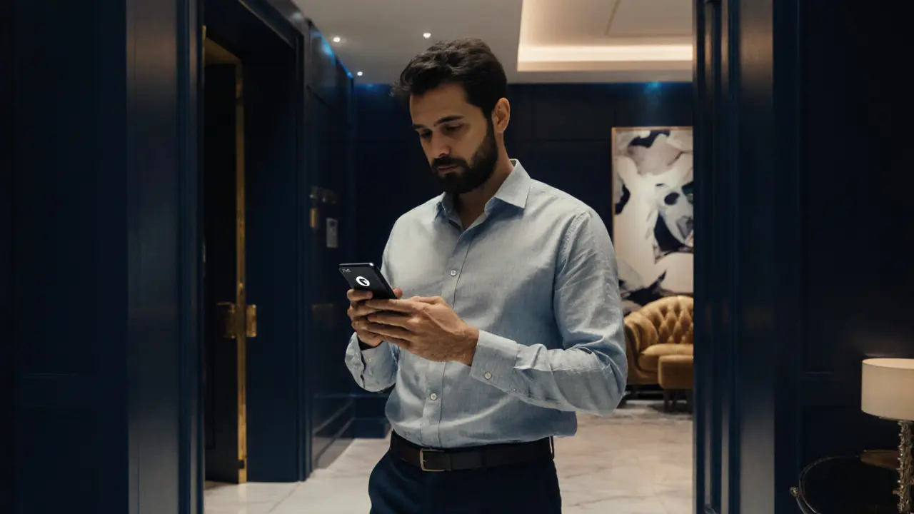 Luxury hotel lobby with a man checking his phone, emphasizing safety and discretion.