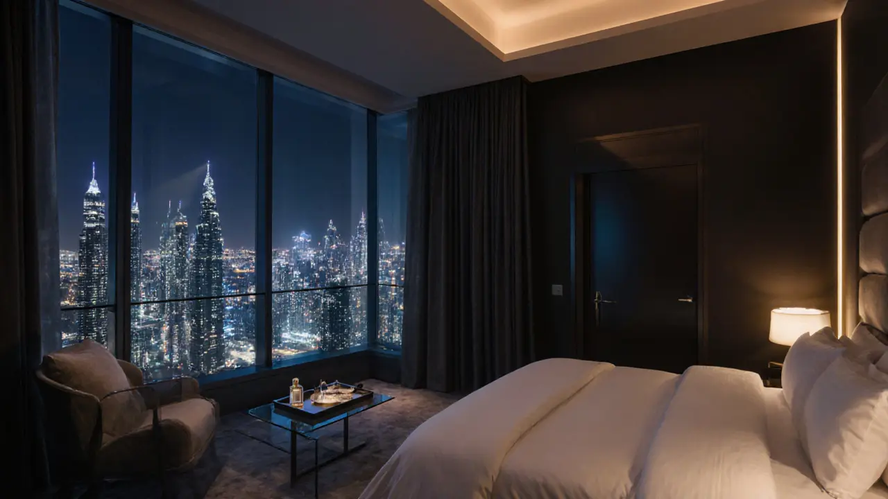 Luxury hotel suite interior overlooking the city lights, showing a private setting.