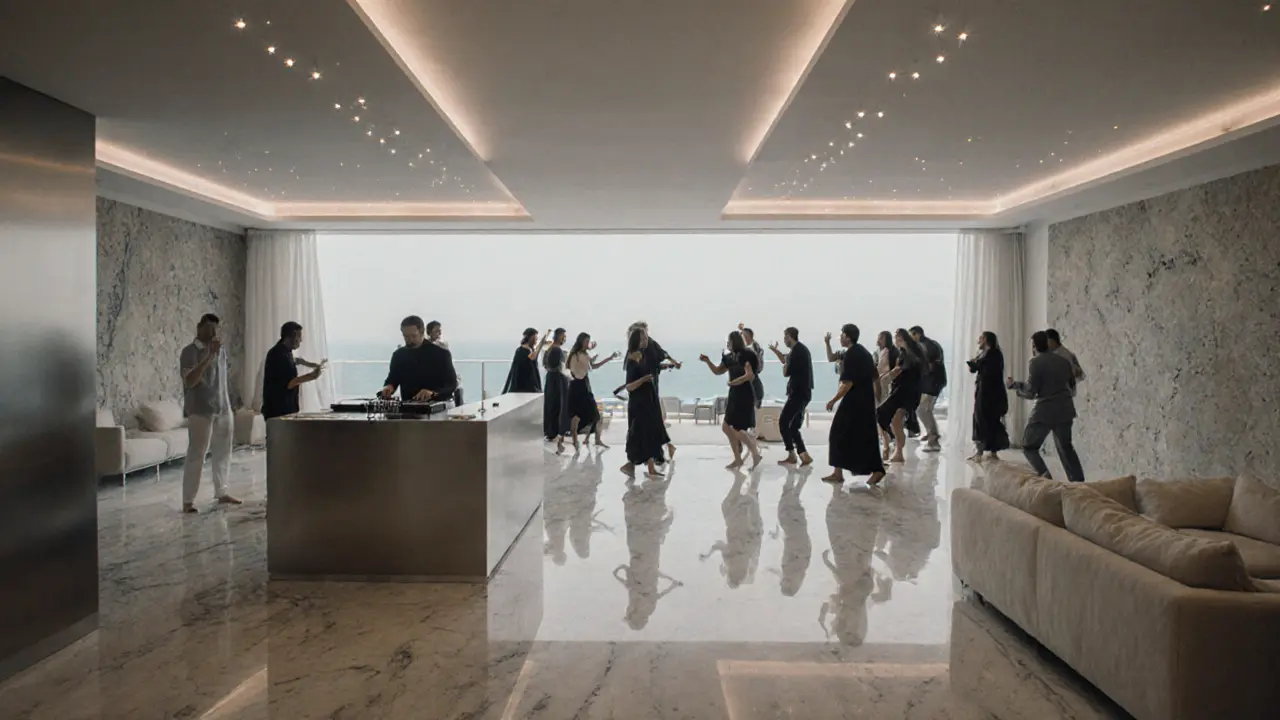 Minimalist club interior with starlight ceilings and guests dancing barefoot to live techno.