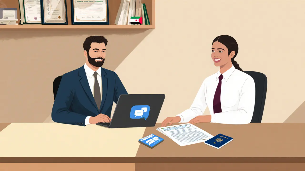 Minimalist office scene with client, agent, laptop, and contract documents.