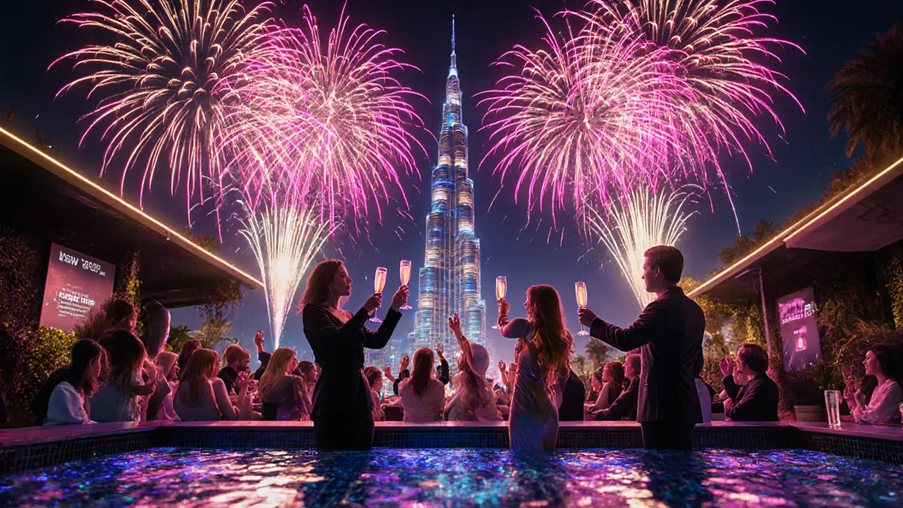 New Year&#039;s Eve fireworks over garden terrace with guests cheering.