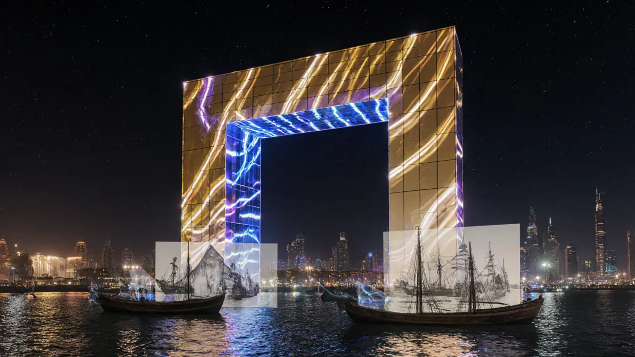 Nighttime Dubai Frame lit by light show, reflections on water and AR historic overlays.
