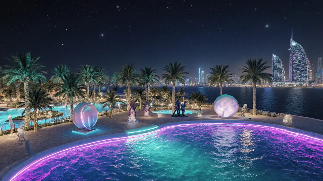 Palm Jumeirah at night with illuminated fronds and artistic lighting along the promenade.
