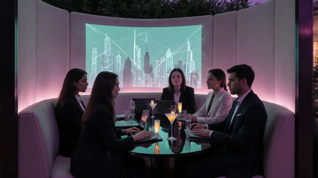 Private VIP booth with muted lighting, business group, and subtle laser projections.