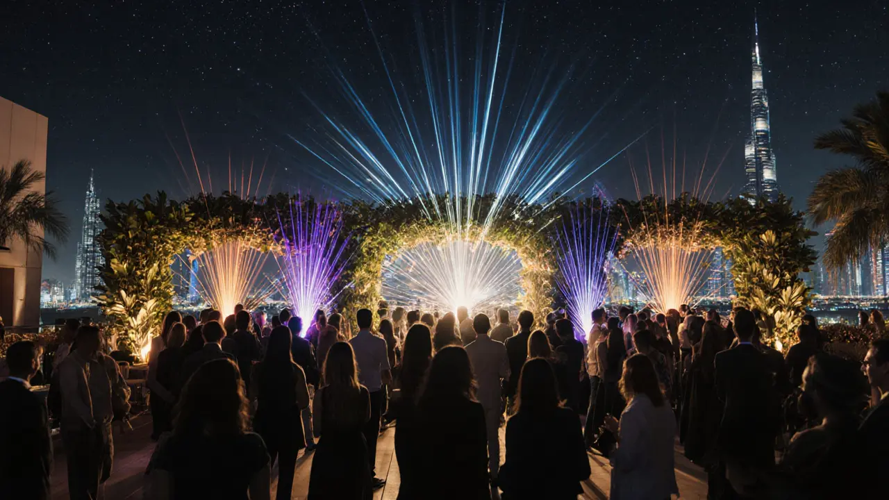 Rooftop garden at night with laser light show and Burj Khalifa skyline.