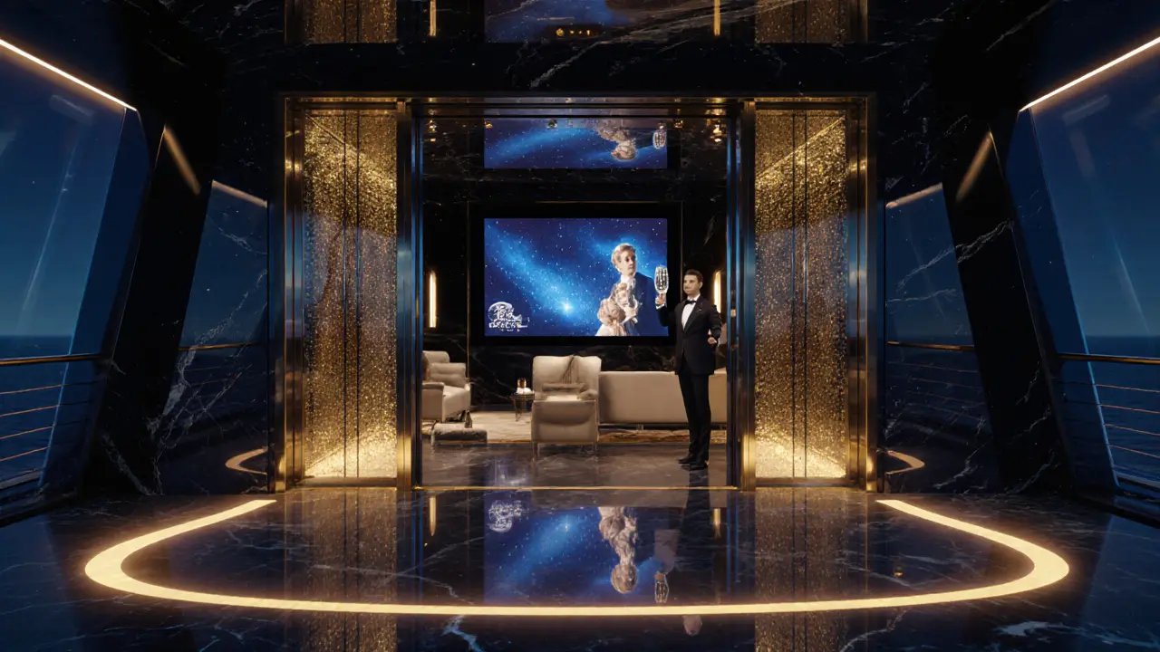 Royal Suite helipad at night with gold‑leafed elevator, butler, and sea view through glass walls.