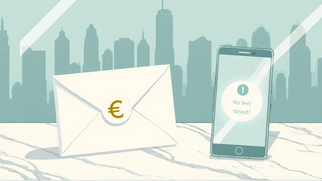 Sealed envelope with a gold Euro emblem on marble beside a subtle notification icon.