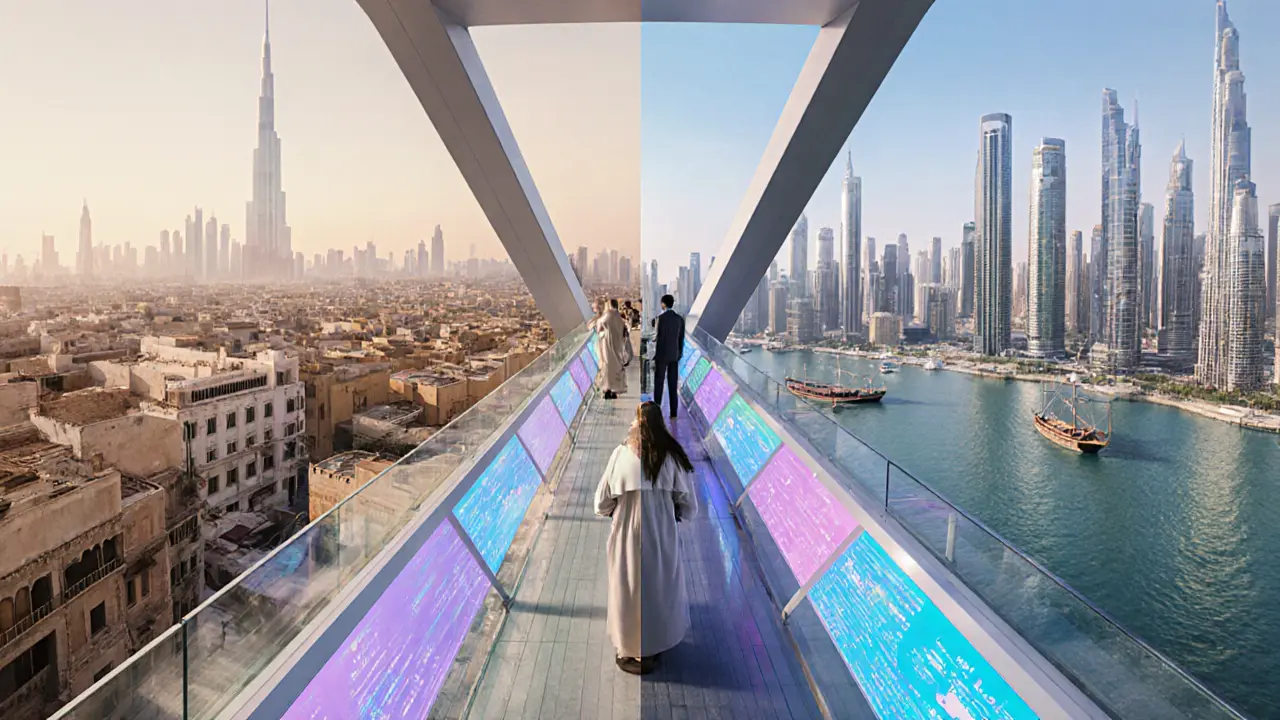 Sky‑bridge view showing visitors looking at historic Al Seef and modern skyline.