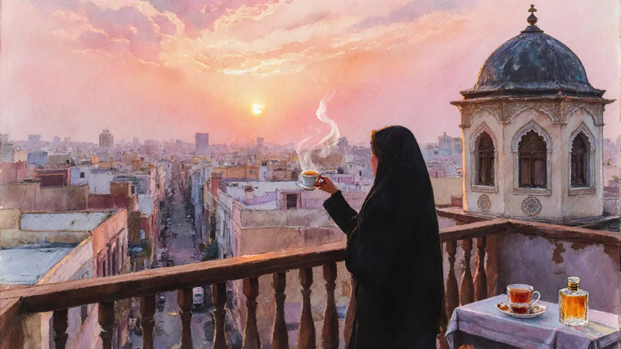 Sunset rooftop tea house in Al Fahidi with a guest sipping tea overlooking historic lanes.