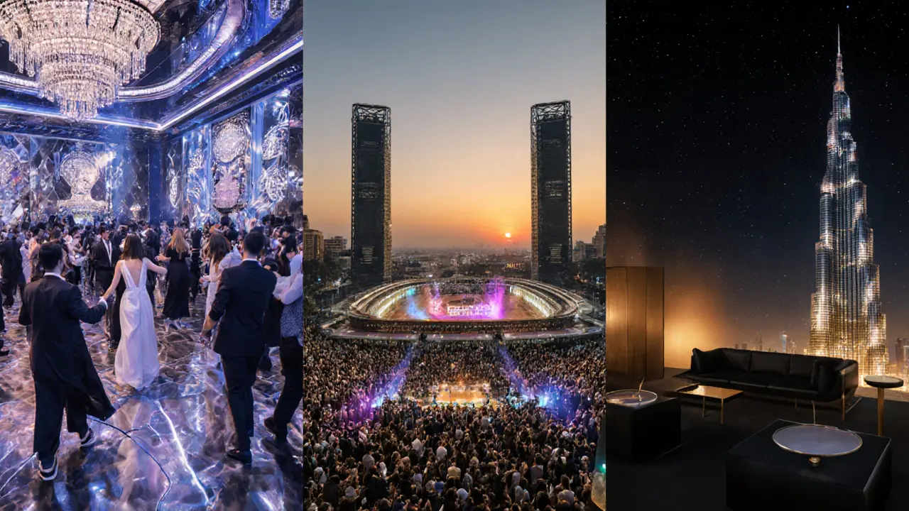 Three club interiors: Cavalli’s luxury, BASE’s outdoor sunset, Armani/Privé’s minimalism.