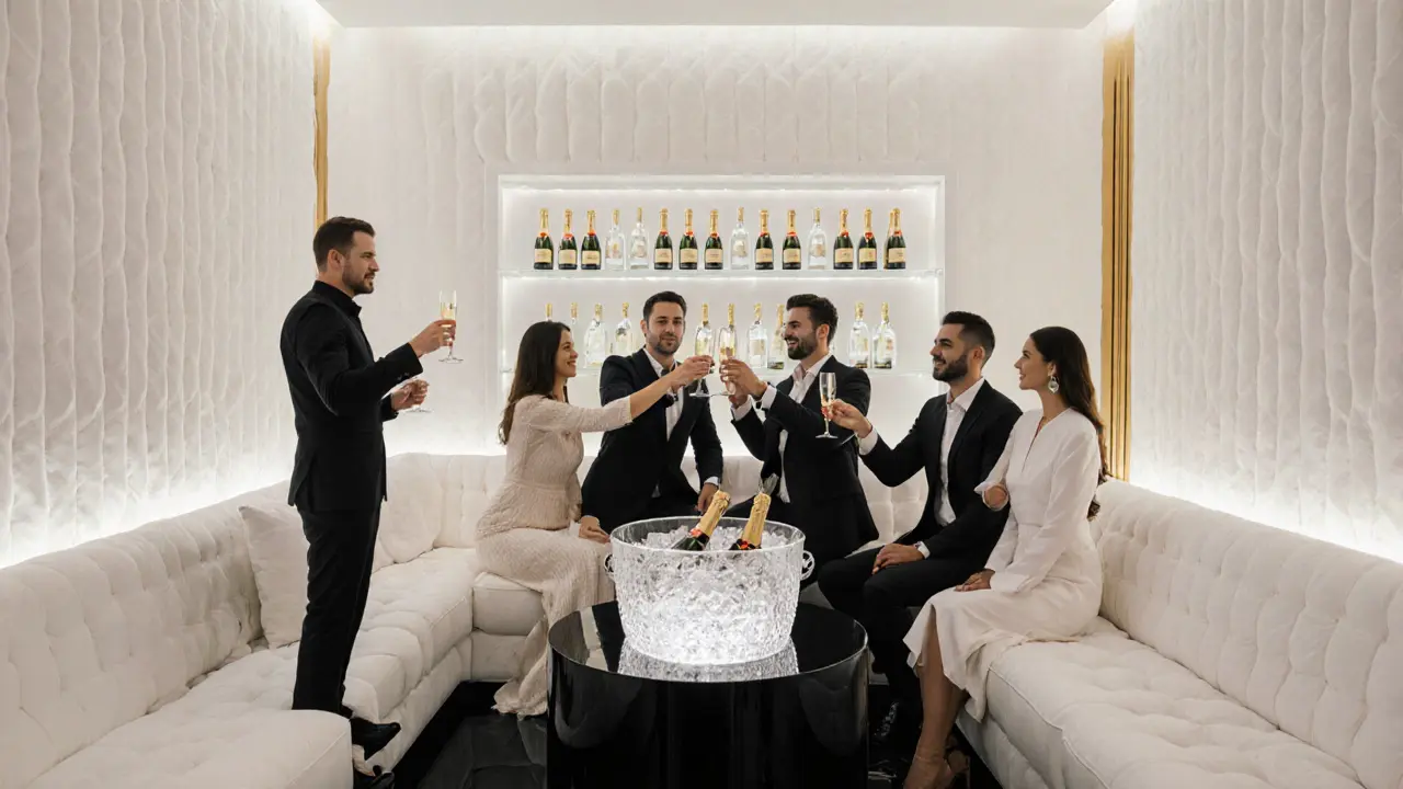 White Dubai's exclusive VIP lounge with plush sofas, private bar and champagne.