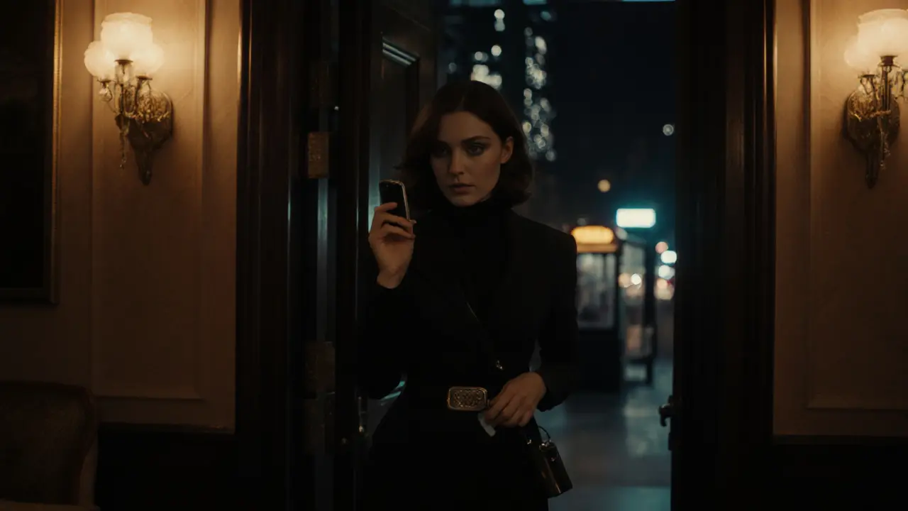 Woman leaving a hotel suite at night, holding a personal alarm and checking phone, taxi stand nearby.