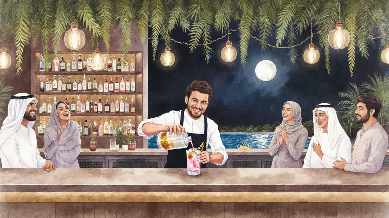 A bartender pouring a golden cocktail with edible gold leaf, surrounded by local spirits and string-lit garden ambiance.