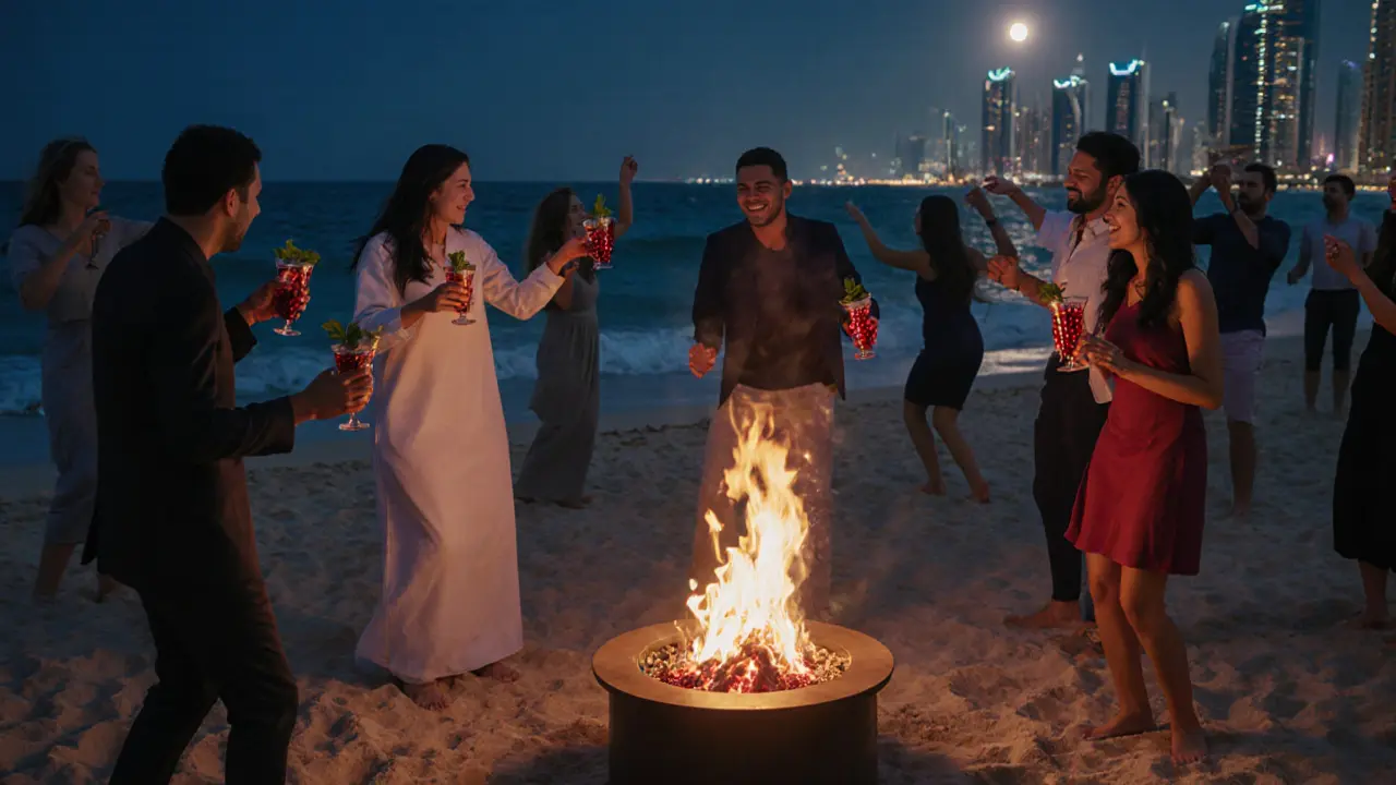 A circle of people around a fire pit on a beach, laughing together under moonlight with ocean waves behind them.