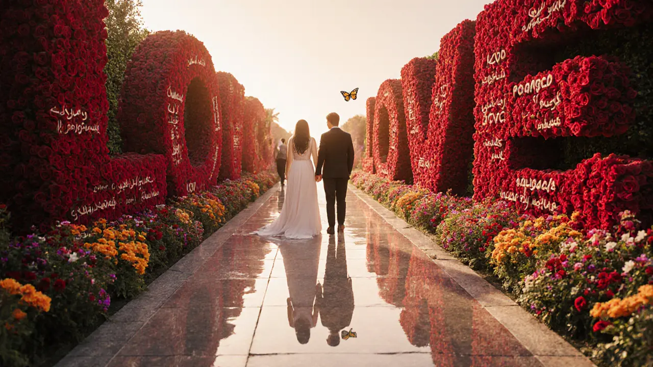 A corridor of red roses spelling &#039;LOVE&#039; in twelve languages, with couples standing quietly under golden light.