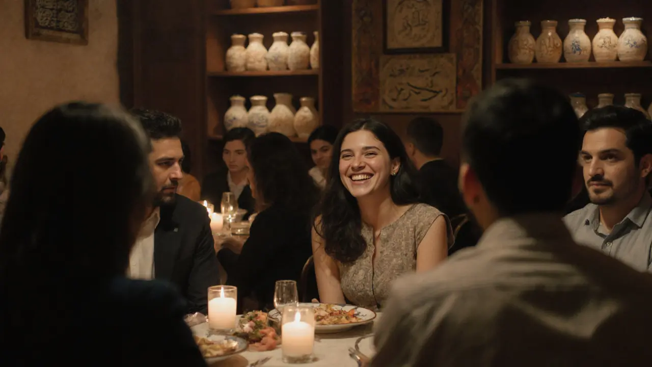 A couple enjoys dinner in a warm, intimate Lebanese restaurant in Al Quoz, Dubai.