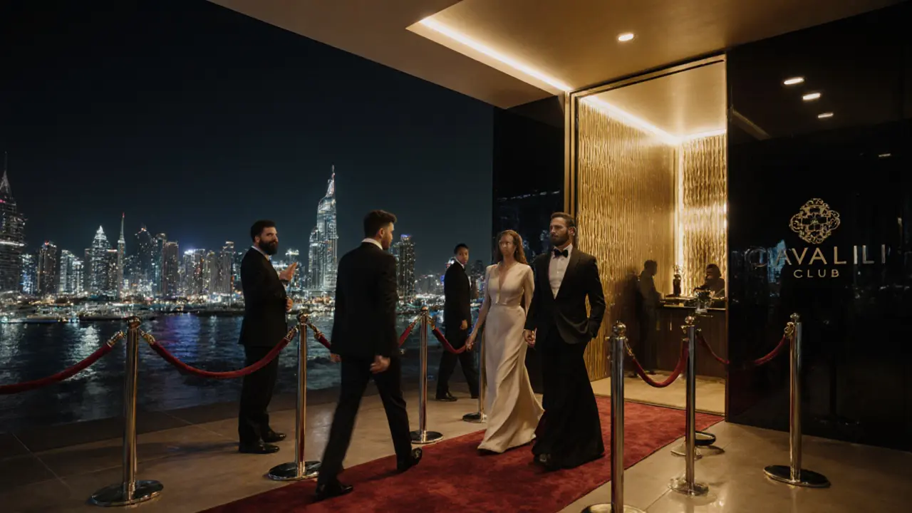 A couple entering Cavalli Club through a hidden velvet-rope entrance beside Dubai Marina Mall at night.