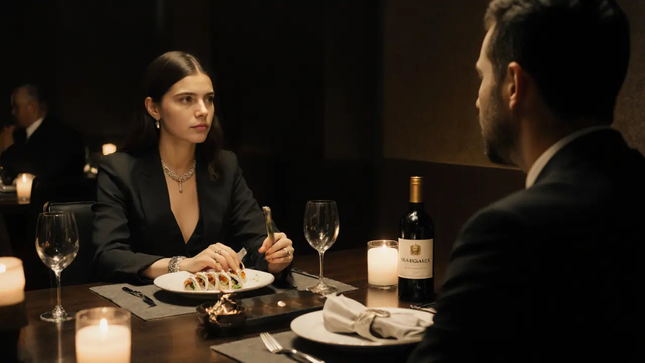 A couple shares a quiet dinner at Nobu Dubai, engaged in thoughtful conversation over fine dining.