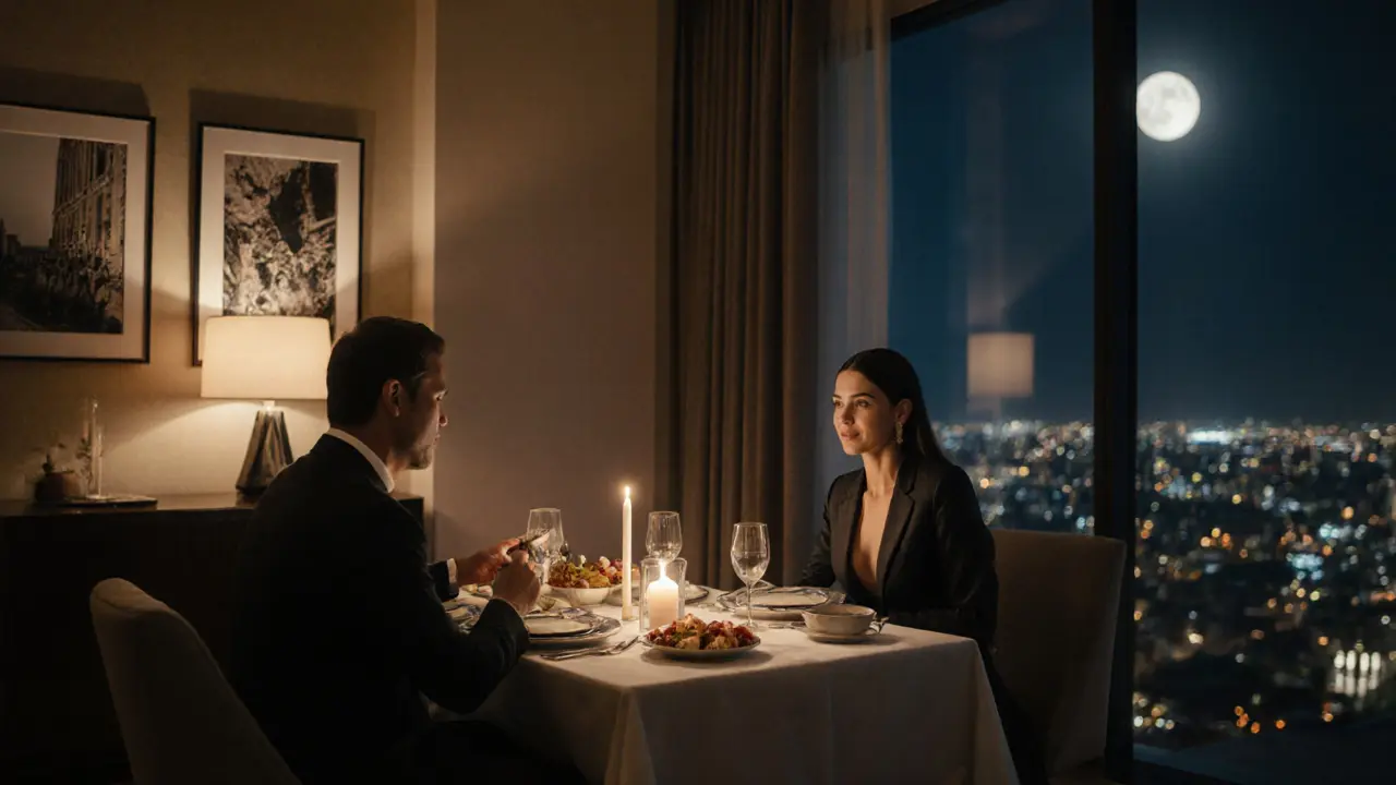 A couple shares an intimate dinner in a luxury hotel suite with Emirati cuisine and soft candlelight.