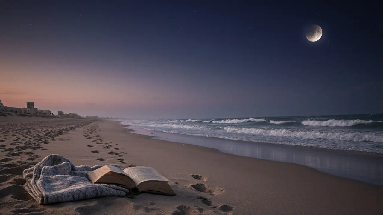 A deserted beach at sunset with bare footprints, an open book, and gentle waves under a darkening sky.