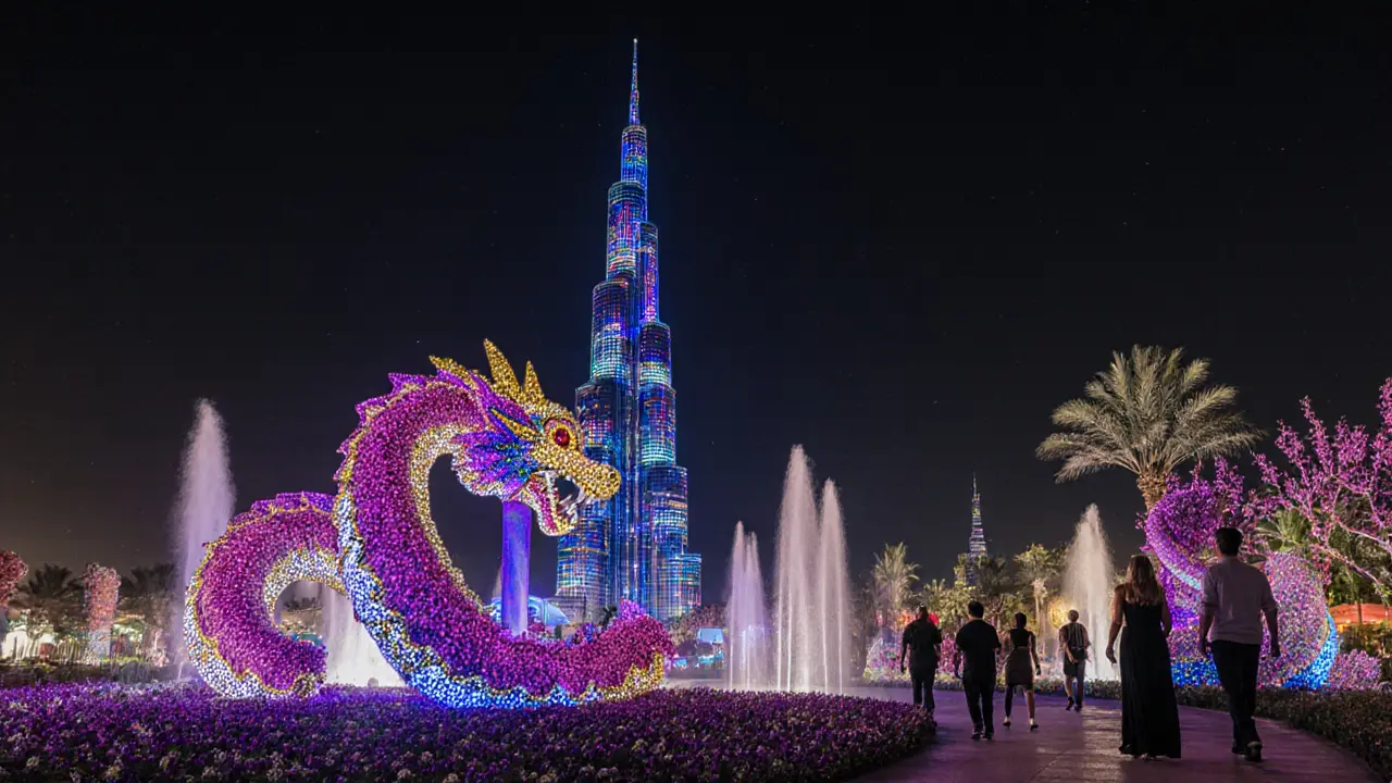 A floral Burj Khalifa and dragon glowing at night under colorful LED lights in the desert garden.