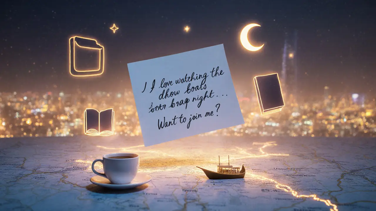 A handwritten note hovers above a glowing map of Dubai, symbolizing authentic connection and shared curiosity.