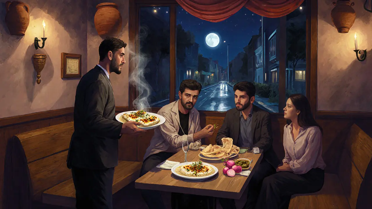 A Lebanese restaurant at 4 a.m. serving warm halloumi and pita with candlelit intimacy.